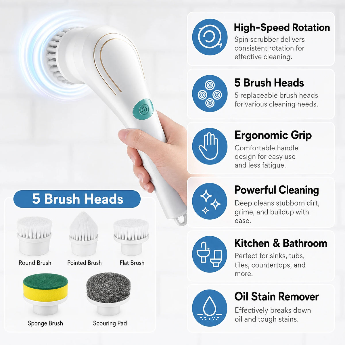 Electric Spin Cleaning Brush with Multiple Brush Heads